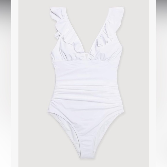 CUPSHE Women's Ruffle Sleeve One Piece Swimsuit V Neck Lace Up - White XL - Picture 3 of 9